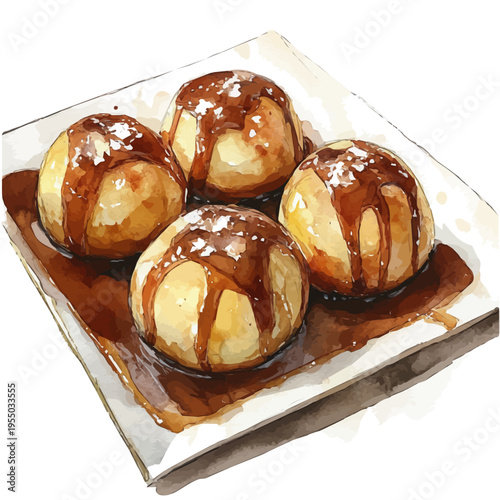 Profiteroles, illustration watercolor artwork with subtle gradients and elegant contours, isolated on a white background.