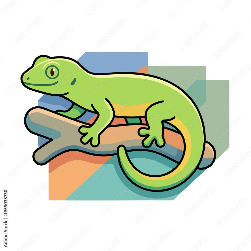 Obraz premium Colorful cartoon chameleon sitting on a branch, vibrant reptile illustration with modern flat design.