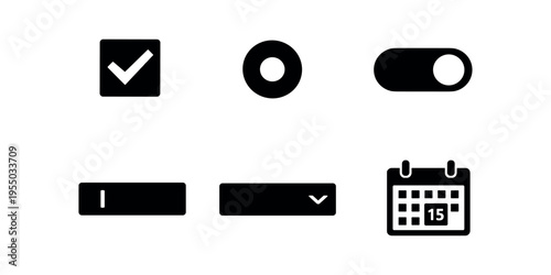 A set of six solid ui control icons showing a checked box, radio button, toggle switch, input field, dropdown field, and calendar with date.