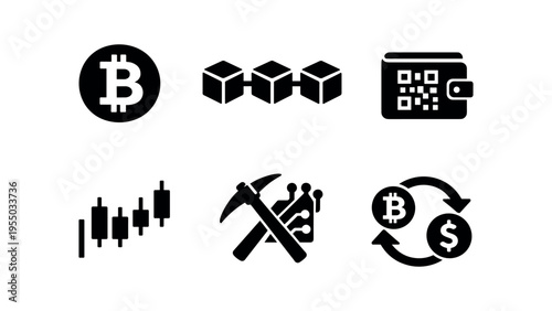 Black cryptocurrency icons featuring a bitcoin symbol, blockchain cubes, a wallet with qr, candlestick chart, mining pick with circuit and currency exchange.