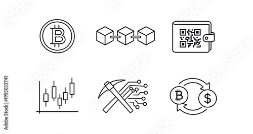 A set of black line icons showing a bitcoin coin, blockchain, wallet, candlestick chart, mining pick and circuit, and currency exchange symbols.