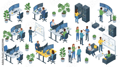 Isometric IT Office and Data Center Workspace Set: Programmers, Server Racks, Desks, and Plants
