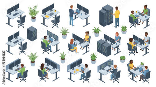 Isometric IT Office and Data Center Workspace Set: Programmers, Server Racks, Desks, and Plants