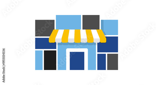 Colorful storefront with striped awning.