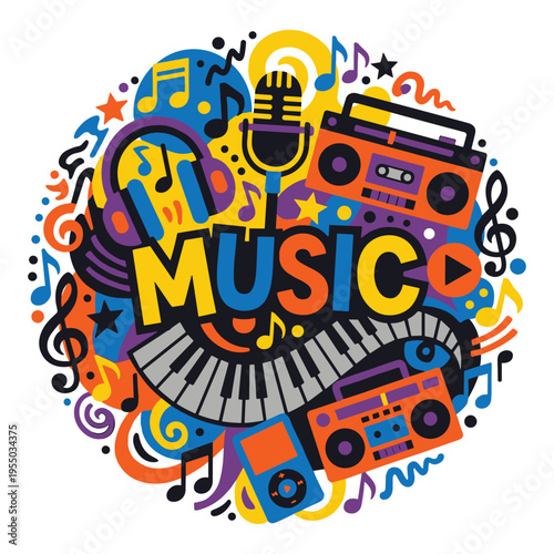 Vibrant music concept with colorful audio equipment and sound notes