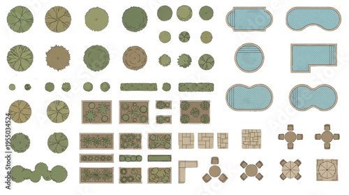 Colored Top View Landscape Architecture and Garden Design Vector Set: Trees, Pools, and Patio Furniture Plan Symbols