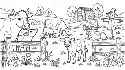 Coloring page of farm animals on a pasture with a barn and scarecrow