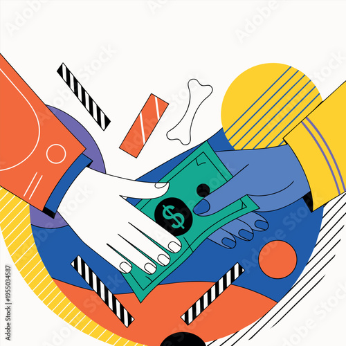 Hands exchanging money with floating dollar bills