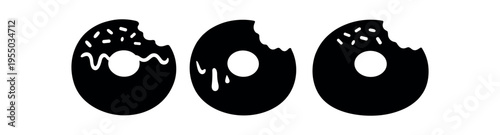 Three bitten donut silhouettes in solid black with glazing and bite marks.