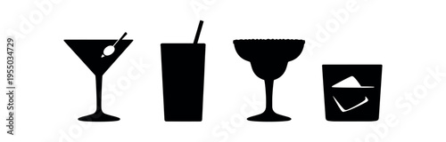 A row of four solid black cocktail and drinking glass silhouettes including a martini, highball, margarita and rocks glass.
