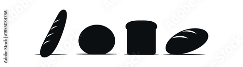 Four solid black bakery silhouettes including a baguette, round loaf, sliced loaf and oval loaf on a white background.