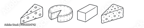Four black outline cheese drawings including a wedge, a wheel with a cut slice, a block, and a porous wedge are displayed.