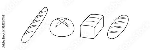 Four thin outline bread shapes including a baguette, round loaf, rectangular loaf and oval loaf drawn in black lines.
