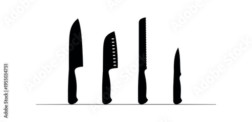 Four black silhouette kitchen knives standing upright on a thin baseline.