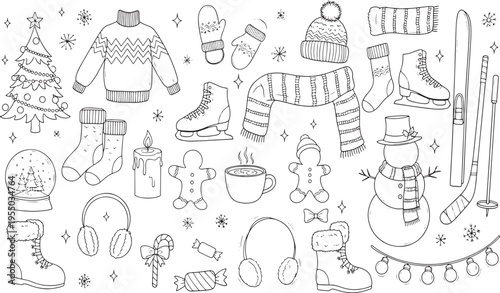 Winter season holiday elements with warm clothes christmas tree snowman and cozy snacks in a hand drawn vector illustration doodle art