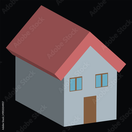 Modern isometric house illustration with red roof minimal 3D home vector design.
