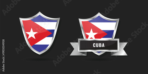 Professional Cuban flag shield design with premium silver metallic finish and ribbon banner. Ideal for national sports, travel icons, and patriotic emblem designs.