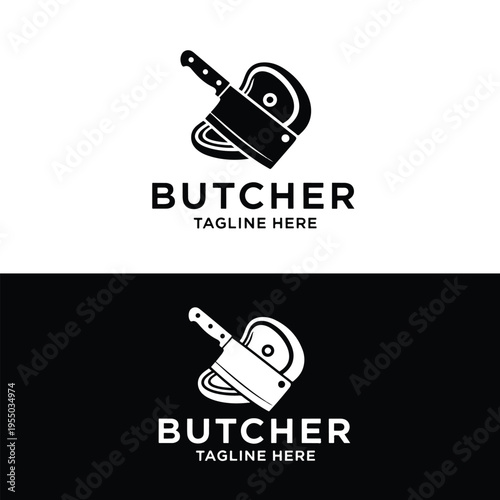 Minimalist graphic logo for a butcher shop featuring a cleaver and meat cut