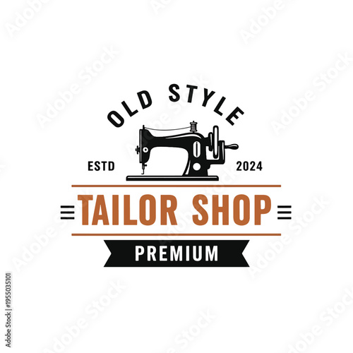 Retro tailor shop emblem with vintage sewing machine, perfect for crafting and fashion design businesses.