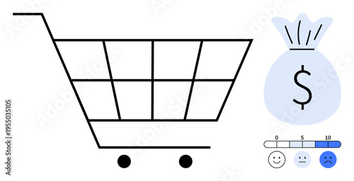 Consumer habits, financial planning, spending behavior, budgeting, online shopping, customer satisfaction. Shopping cart with a money bag and satisfaction scale. Consumer habits and financial