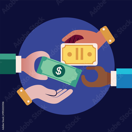 Hands exchanging money with floating dollar bills