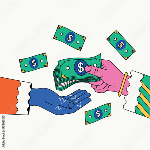 Hands exchanging money with floating dollar bills