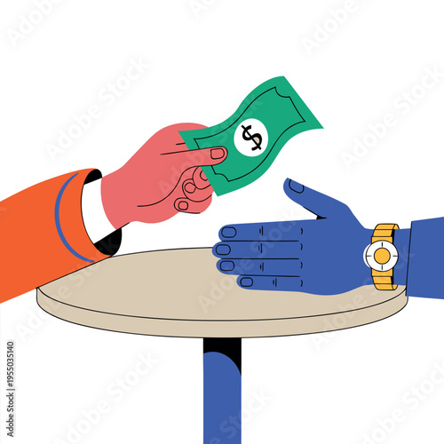 Hands exchanging money with floating dollar bills