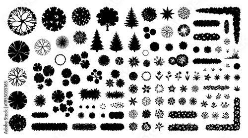 Top View Landscape Architecture Tree and Shrub Silhouette Vector Set: Garden Plan Symbols