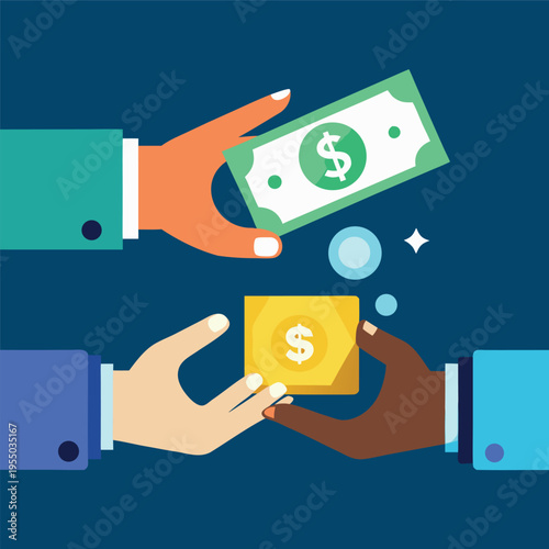 Hands exchanging money with floating dollar bills