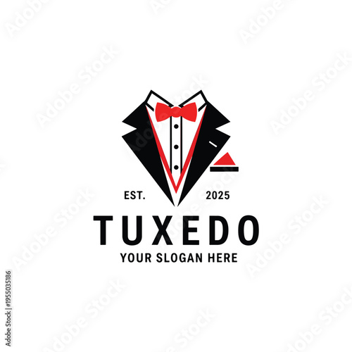 Elegant Formal Wear Emblem Design: Classic Men's Tuxedo Illustration with Red Bow Tie for Event Services
