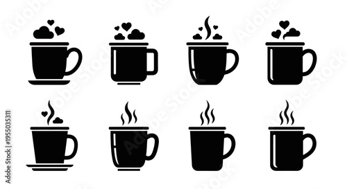 Set of eight black coffee mugs with steam rising, featuring heart shapes and various cup designs, on a white background