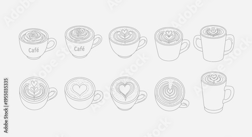 ten line art illustrations of coffee cups with latte art and mugs on gray background vector
