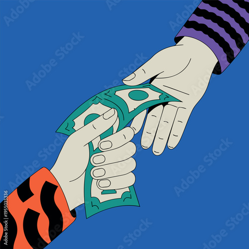 Hands exchanging money with floating dollar bills