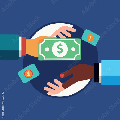 Hands exchanging money with floating dollar bills
