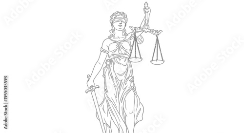 Lady Justice Outline Blindfolded with Scales and Sword Symbol of Law and Fairness Isolated White Background