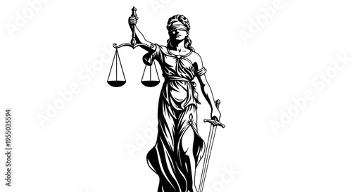 Lady Justice Blindfolded with Scales and Sword Symbol of Law and Fairness Isolated White Background