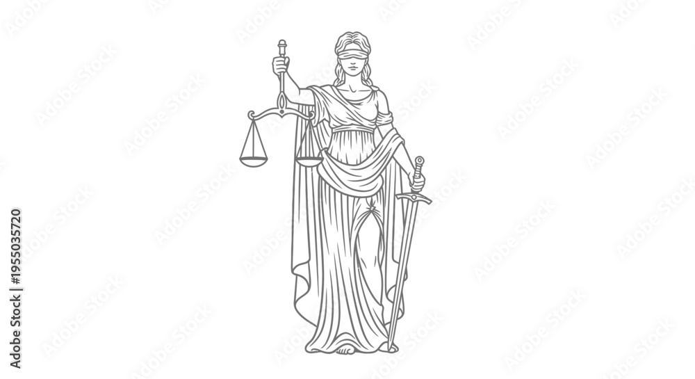 Obraz premium Line Art Drawing of Blindfolded Lady Justice Holding Scales and Sword on Isolated White Background