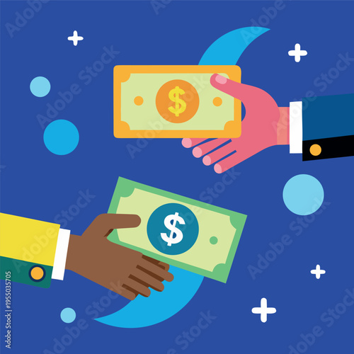 Hands exchanging money with floating dollar bills