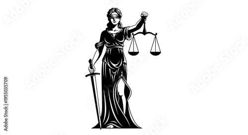 Elegant Silhouette of Lady Justice Holding Scales and Sword on Isolated White Background
