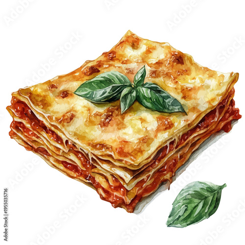 Lasagna, illustration watercolor with dynamic strokes and balanced color harmony, isolated on a white background.