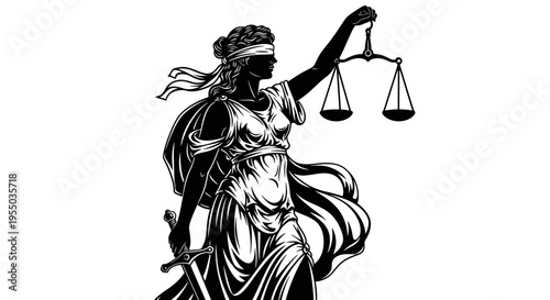 Detailed Silhouette of Blindfolded Lady Justice Holding Scales and Sword on Isolated White Background
