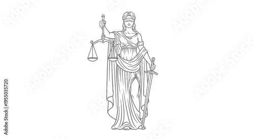 Line Art Drawing of Blindfolded Lady Justice Holding Scales and Sword on Isolated White Background