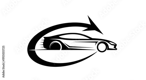 Dynamic Sports Car Icon with Arrow Cycle on Isolated White Background