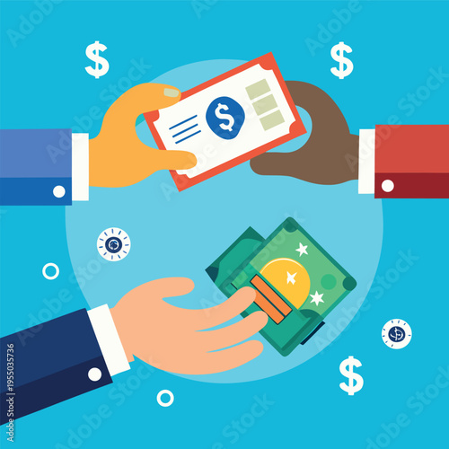 Hands exchanging money with floating dollar bills