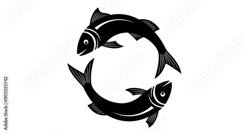 Two fish swimming in circle, solid black design, traditional harmony symbol isolated white background.