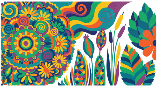 Colorful abstract floral pattern with swirling shapes and nature elements