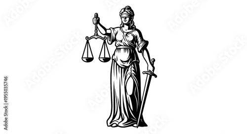 Classic Lady Justice blindfolded holding scales and sword, detailed legal symbol isolated white background.