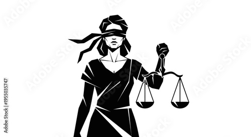 Minimalist Lady Justice silhouette blindfolded holding scales, modern legal symbol isolated white background.