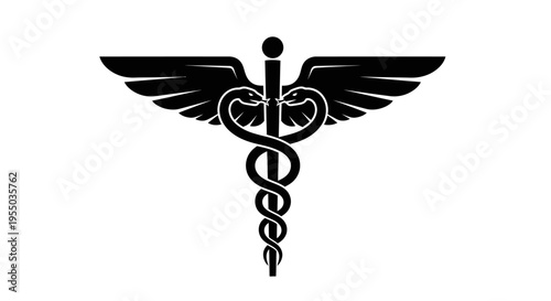 Caduceus medical symbol with winged staff and two snakes, healthcare and medicine icon isolated white background.