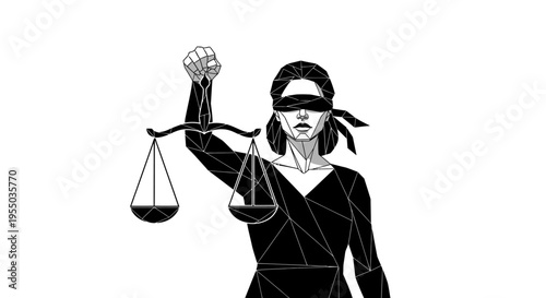 Modern geometric Lady Justice blindfolded holding scales, abstract legal symbol isolated white background.